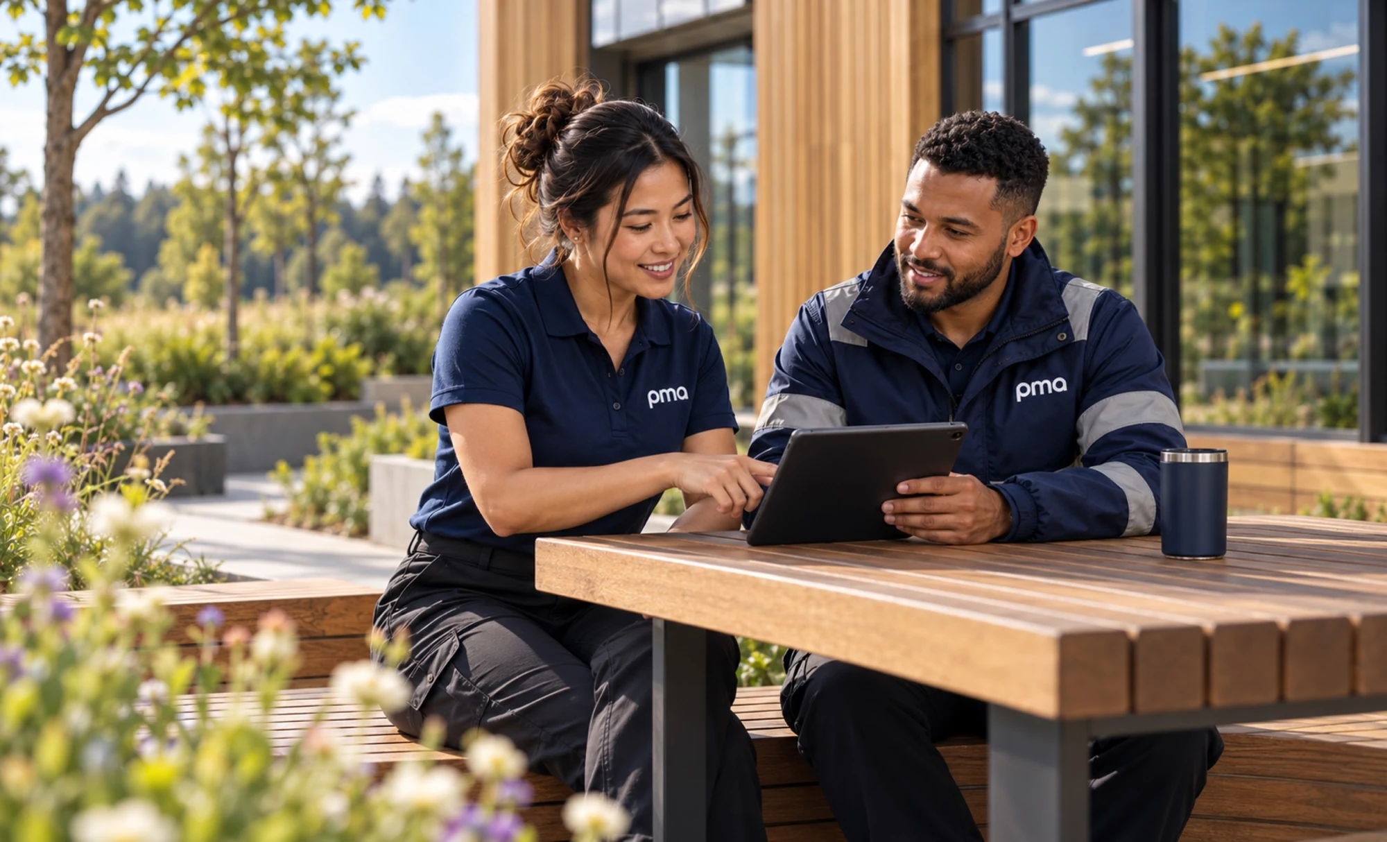 PMA colleagues comparing information on a tablet at an outdoor table