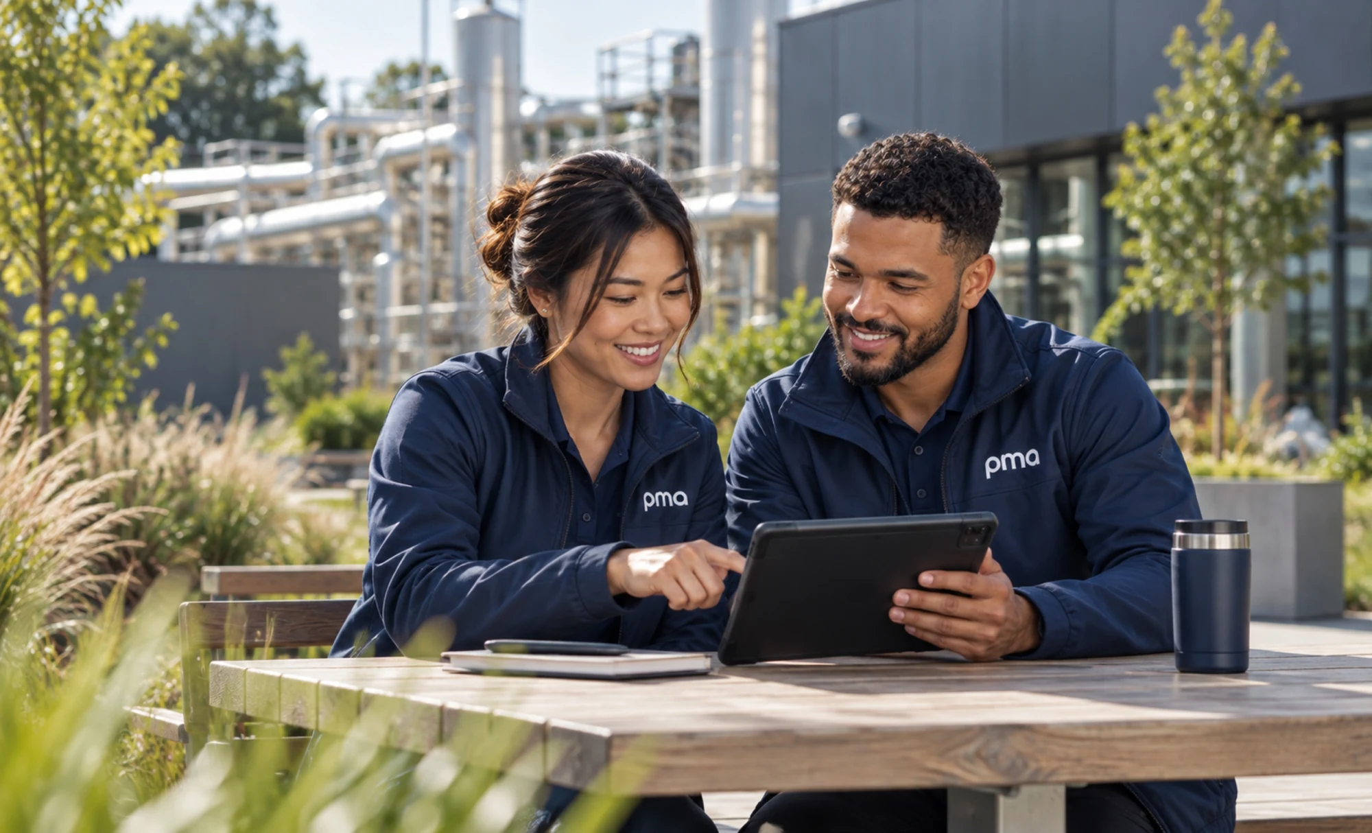 PMA colleagues reviewing a tablet together at an outdoor table