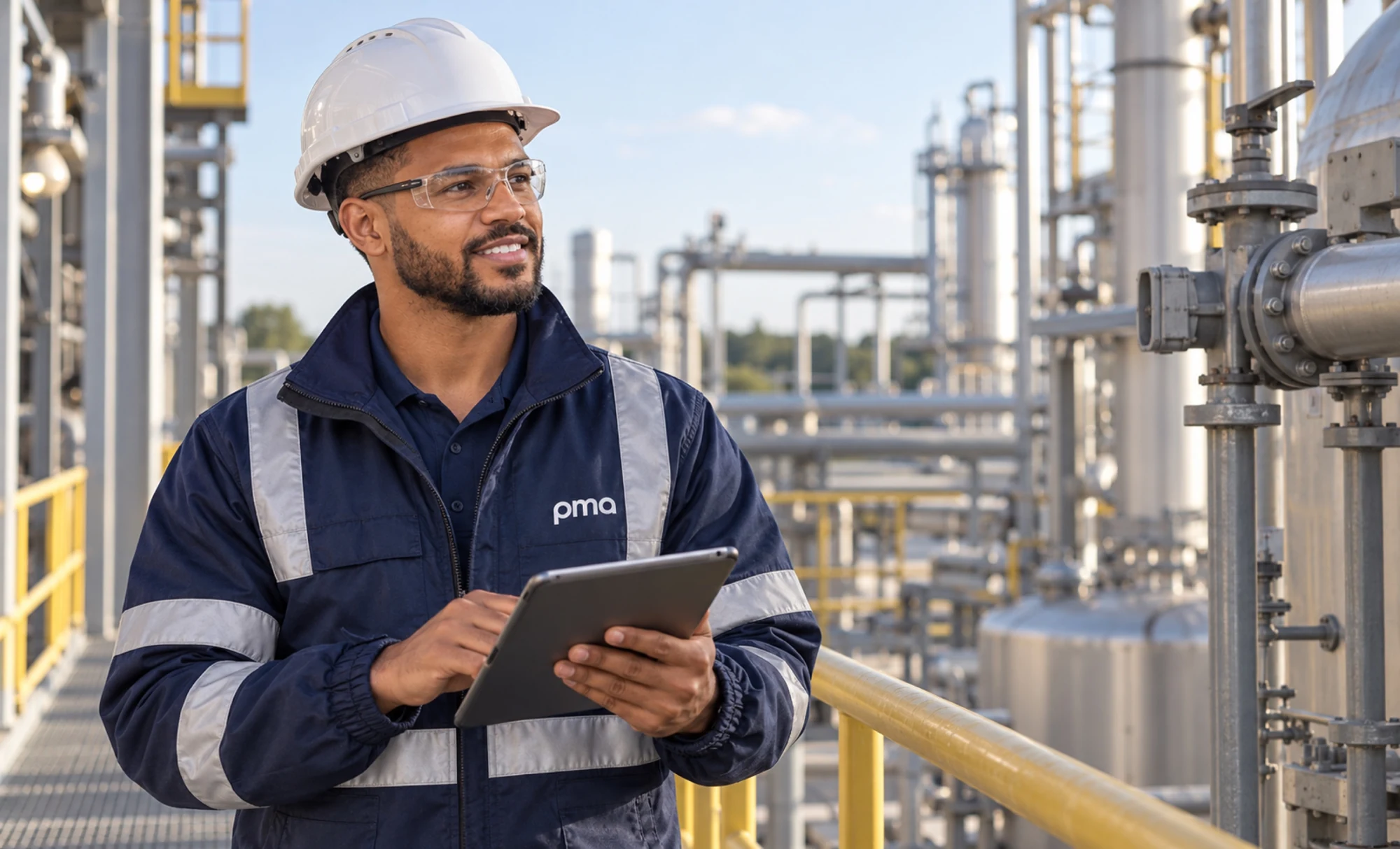 PMA engineer reviewing a tablet at a process plant