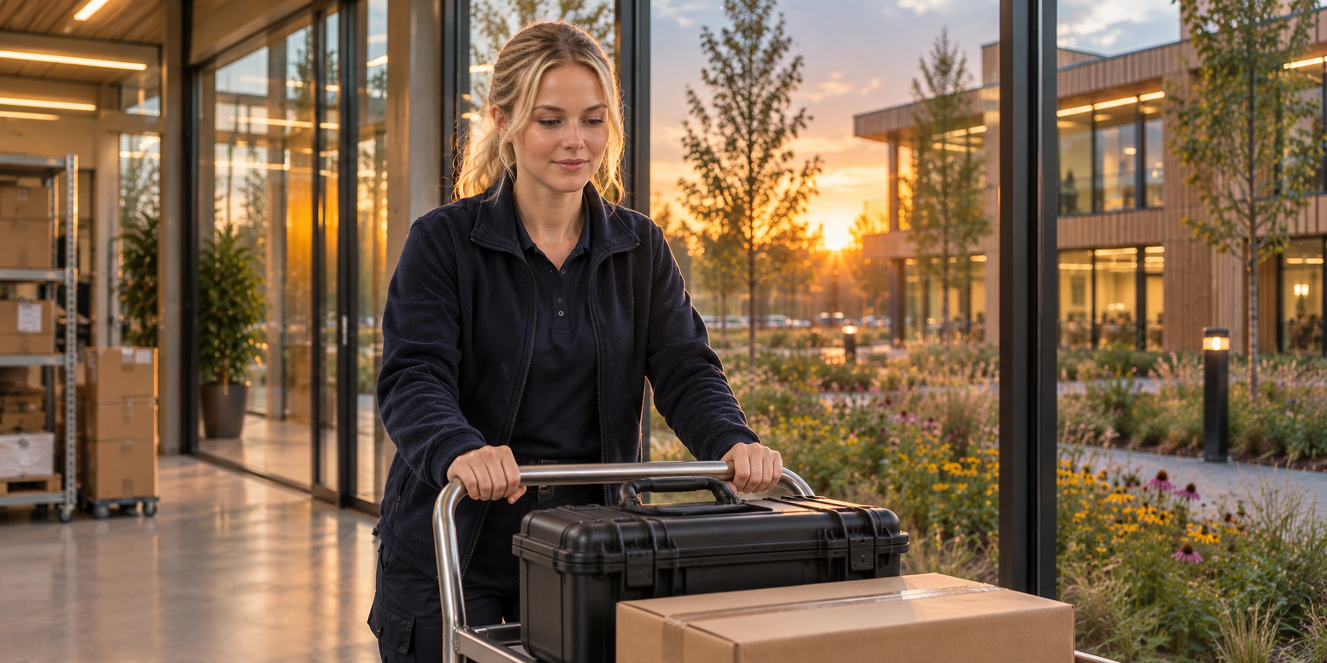 PMA colleague moving a closed equipment case and packages through the office at twilight