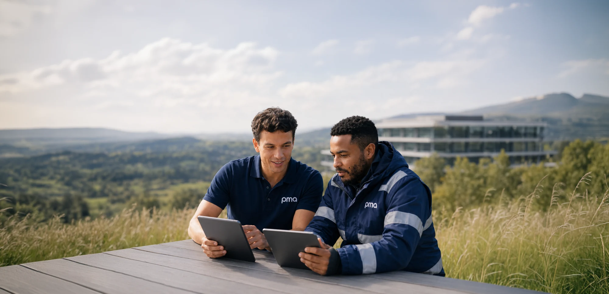 Two PMA colleagues reviewing results on tablets at an outdoor bench