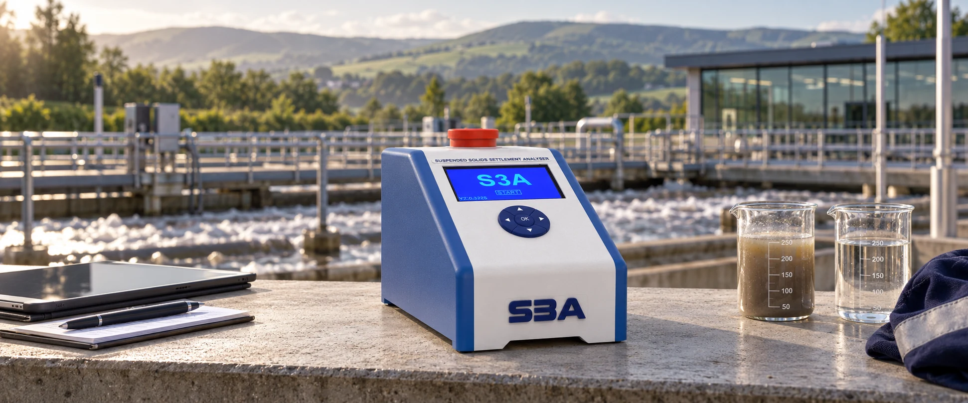S3A analyser on a sheltered bench overlooking treatment tanks