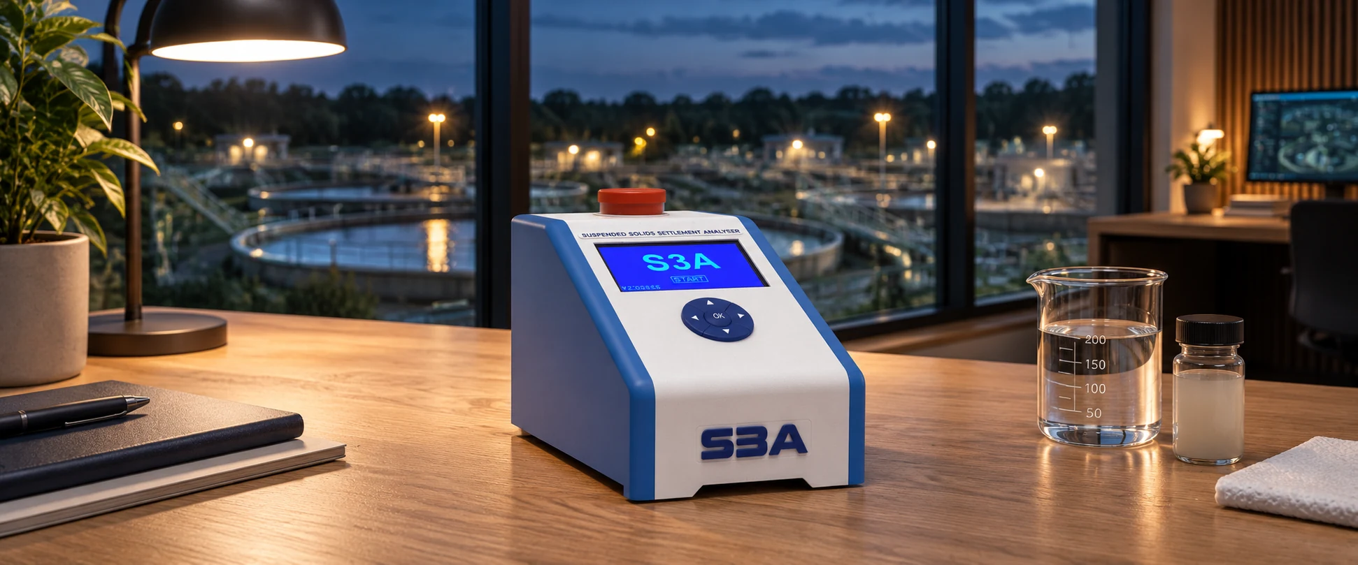 S3A analyser and laptop in a waterworks operations room at dusk
