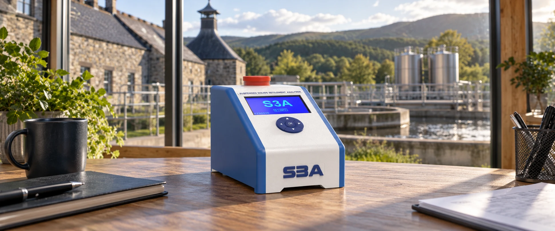 S3A analyser on a table overlooking a distillery and treatment plant
