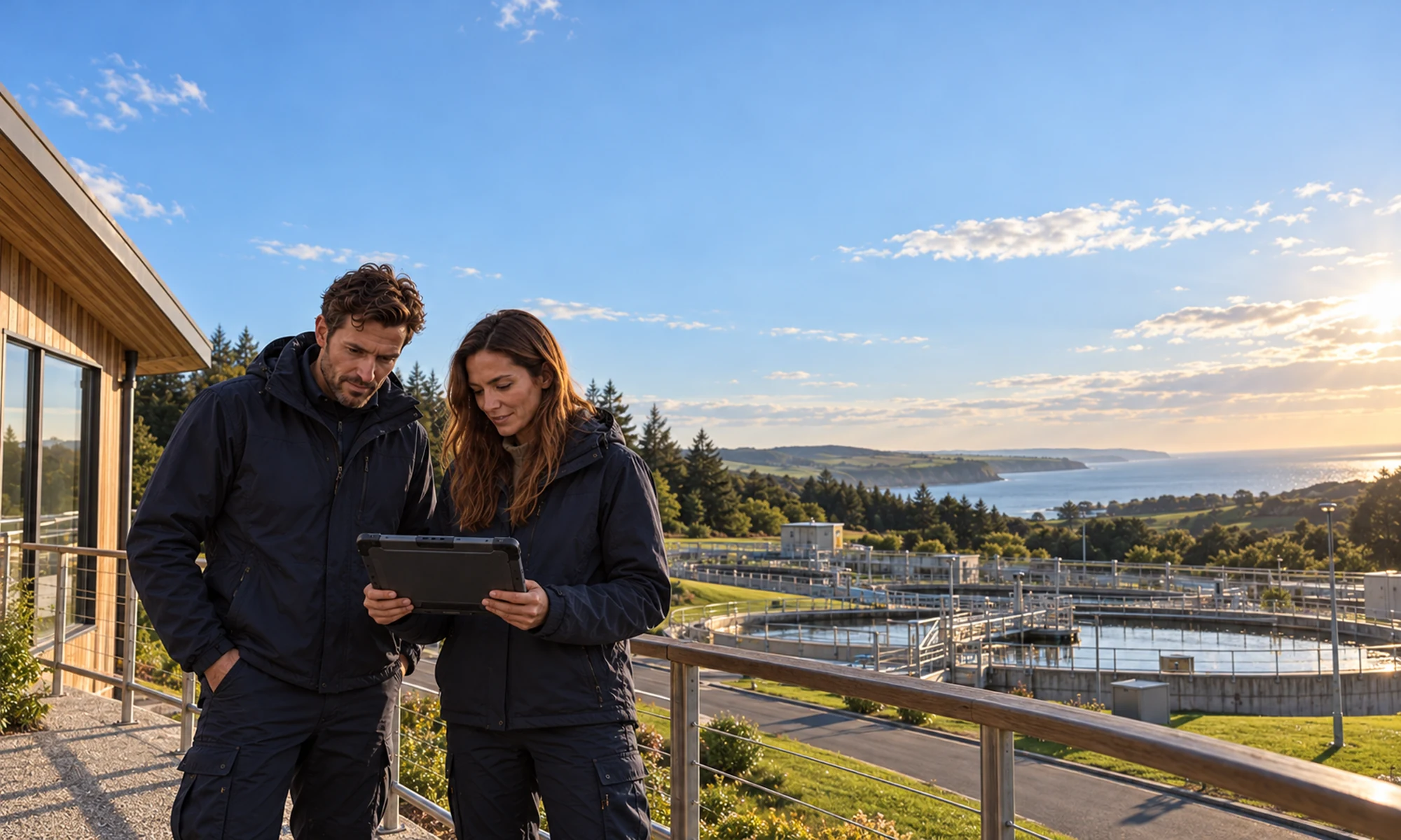 PMA colleagues reviewing a tablet beside water-treatment tanks
