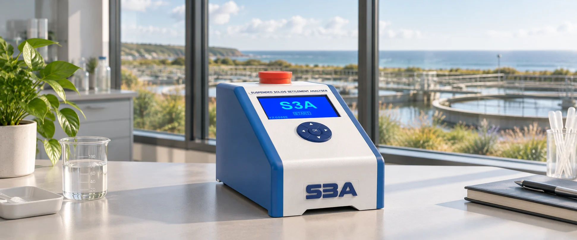S3A analyser on a treatment laboratory bench overlooking coastal wastewater basins