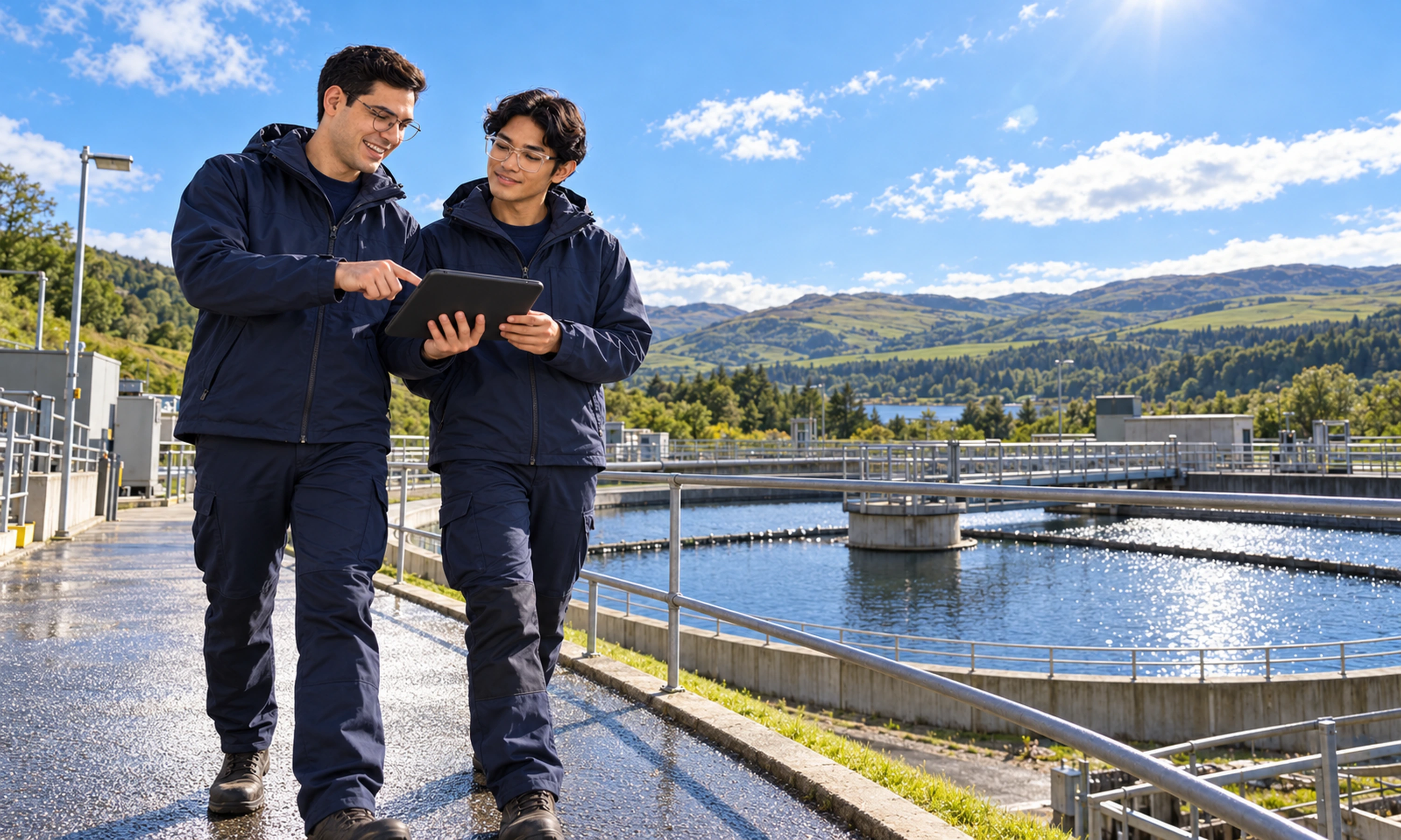 PMA colleagues reviewing sampling information beside a circular treatment tank