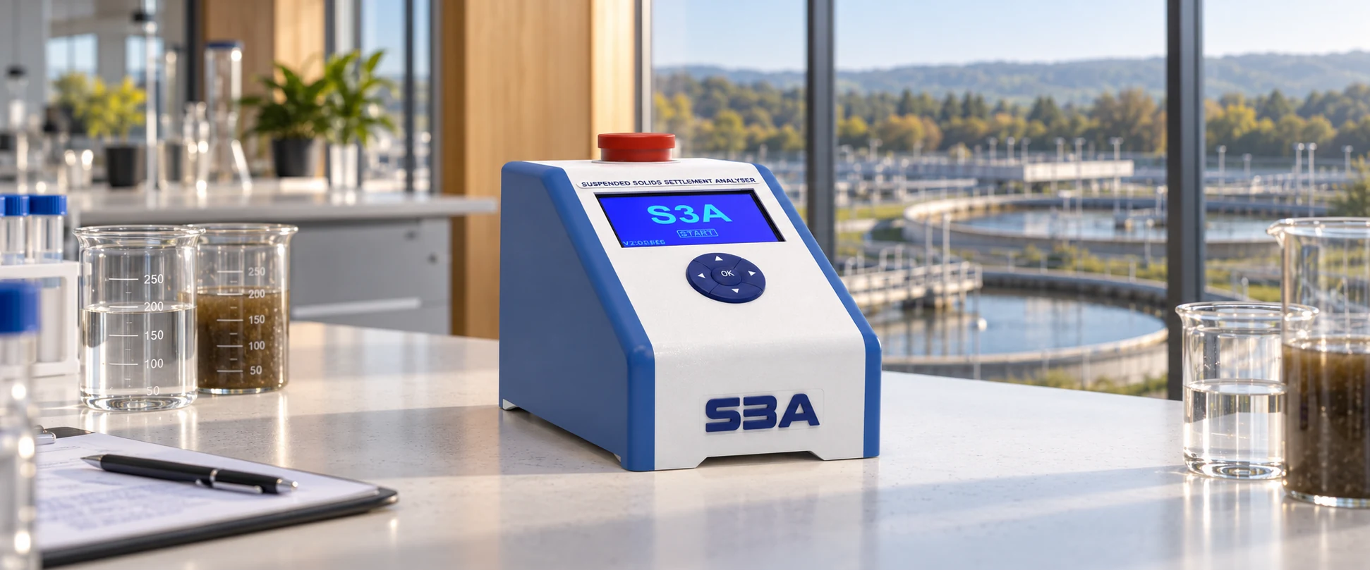 S3A analyser and sample containers on a laboratory bench overlooking treatment basins