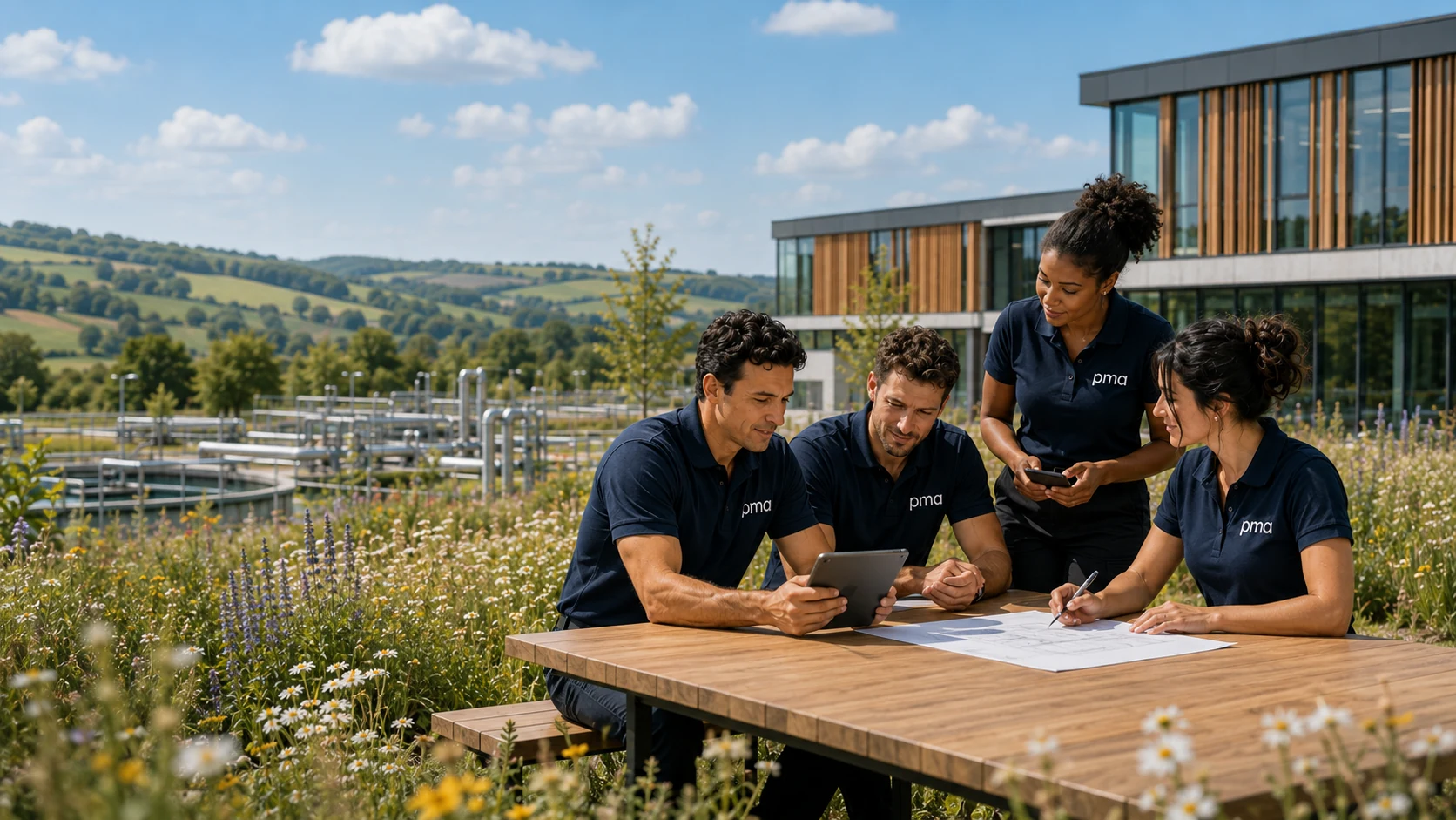 PMA team comparing notes and a tablet beside a treatment plant