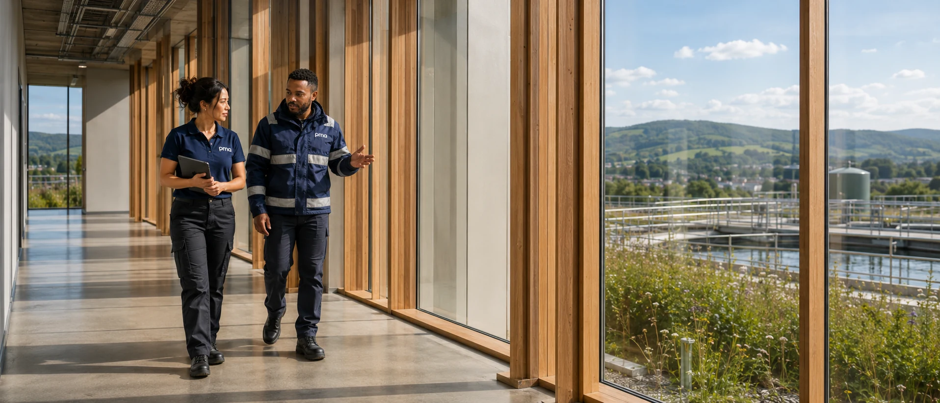 PMA colleagues discussing work inside a water-treatment facility