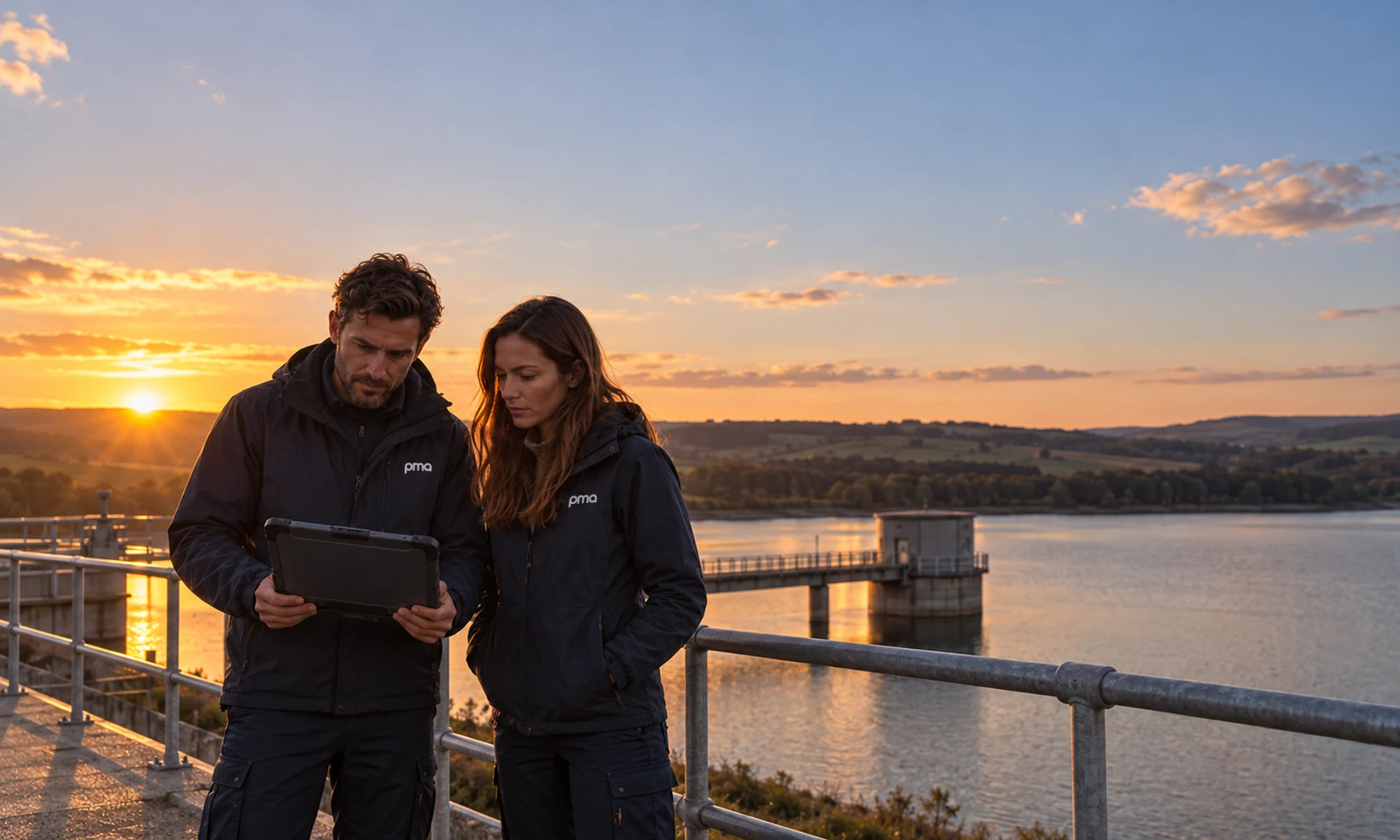 PMA colleagues comparing information on a tablet at a waterworks at dusk
