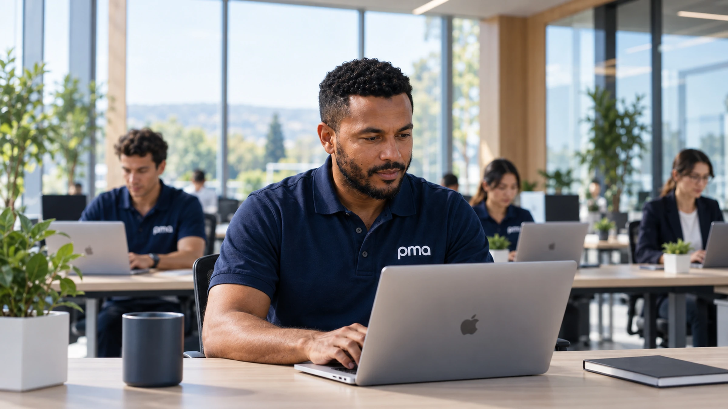 PMA colleague working at a laptop with the team in a bright office