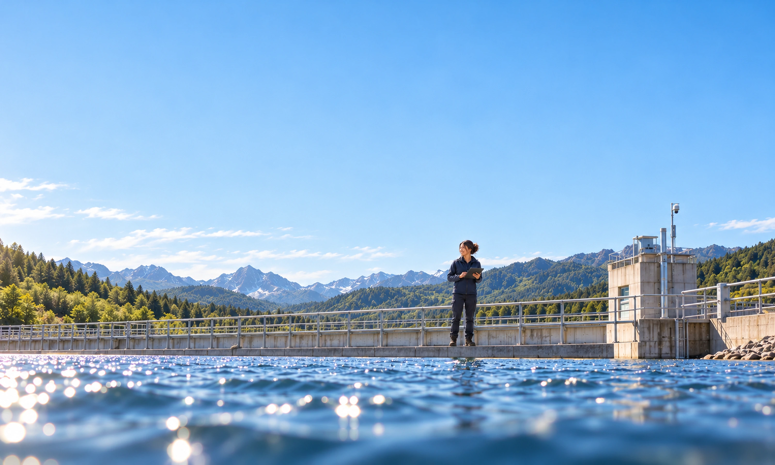 PMA colleague reviewing a tablet beside a waterworks reservoir