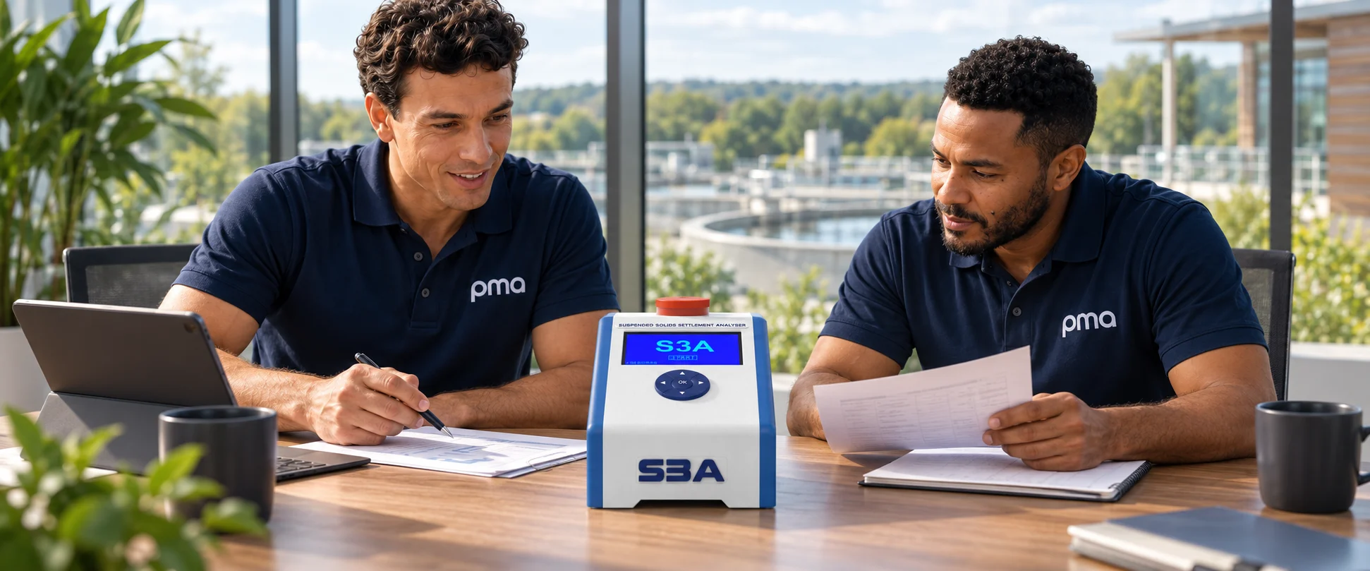 PMA colleagues reviewing activated-sludge records with the S3A analyser