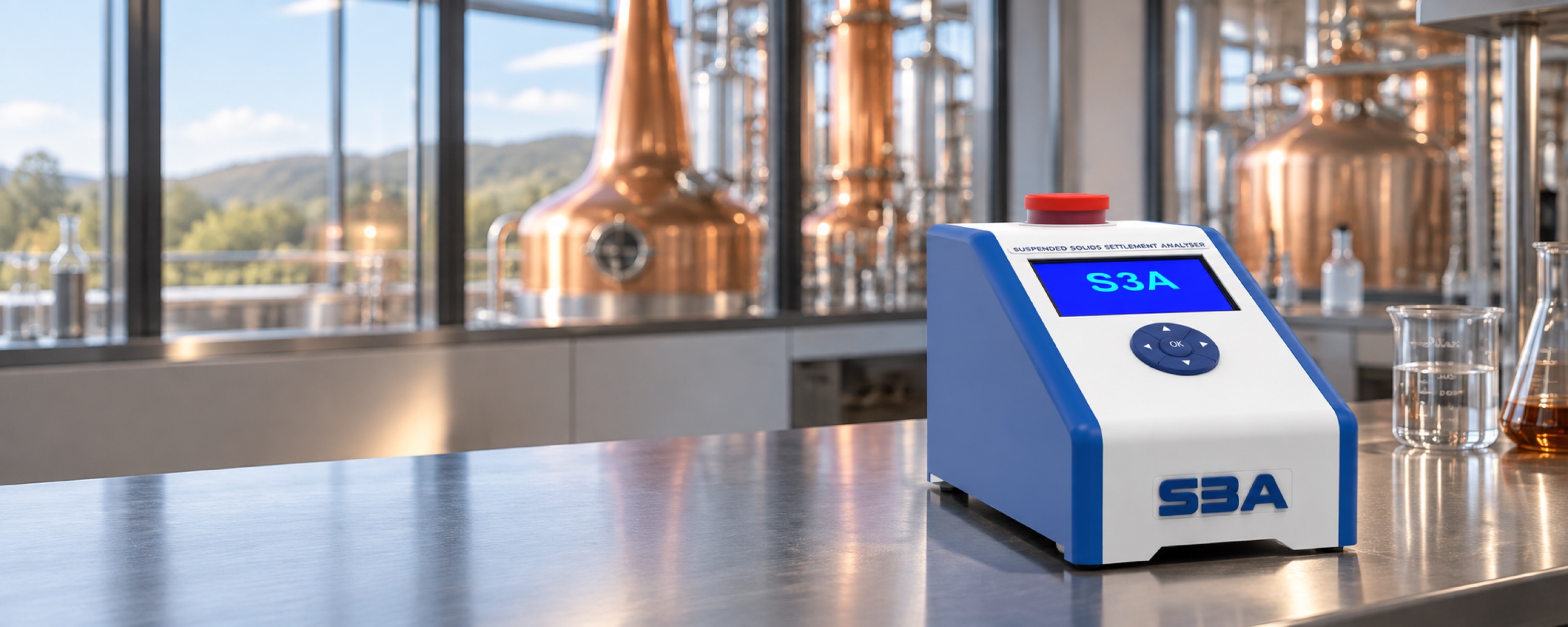 S3A analyser in a laboratory overlooking modern distillery equipment
