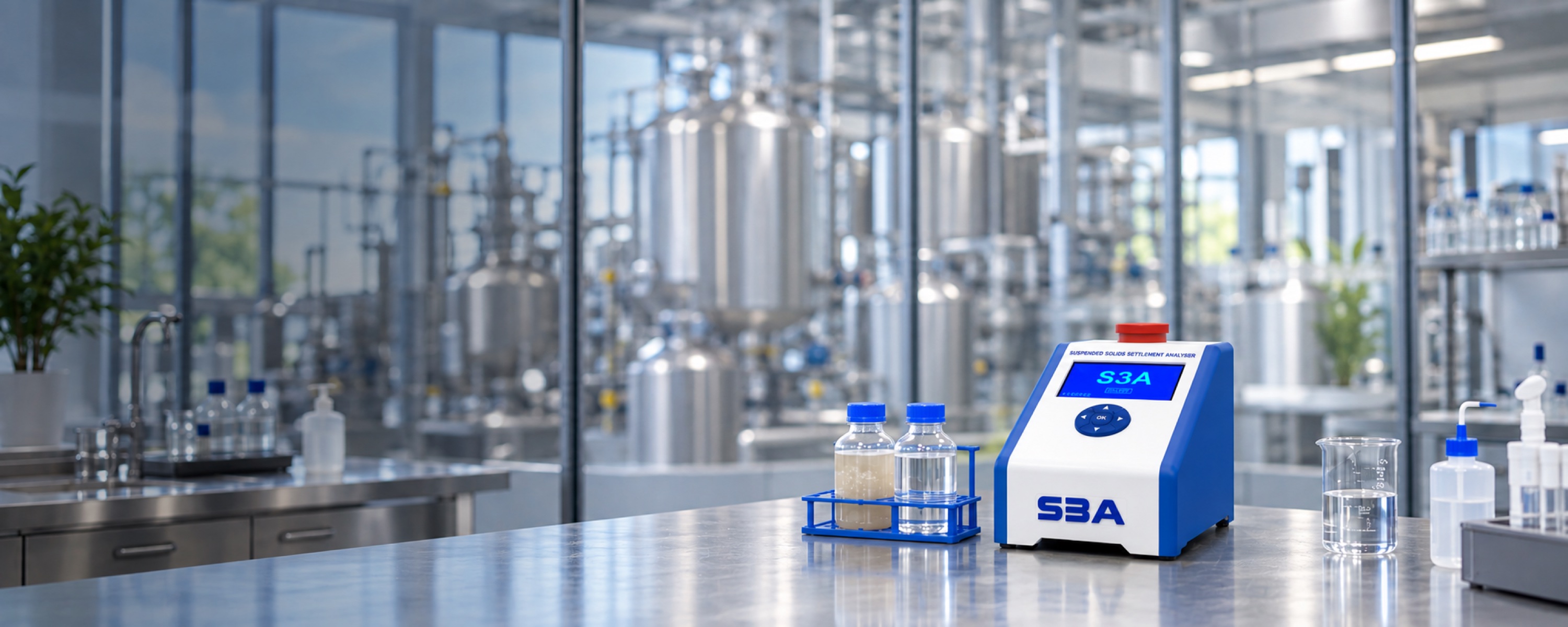Compact S3A analyser alone on a countertop in a food and beverage wastewater process laboratory
