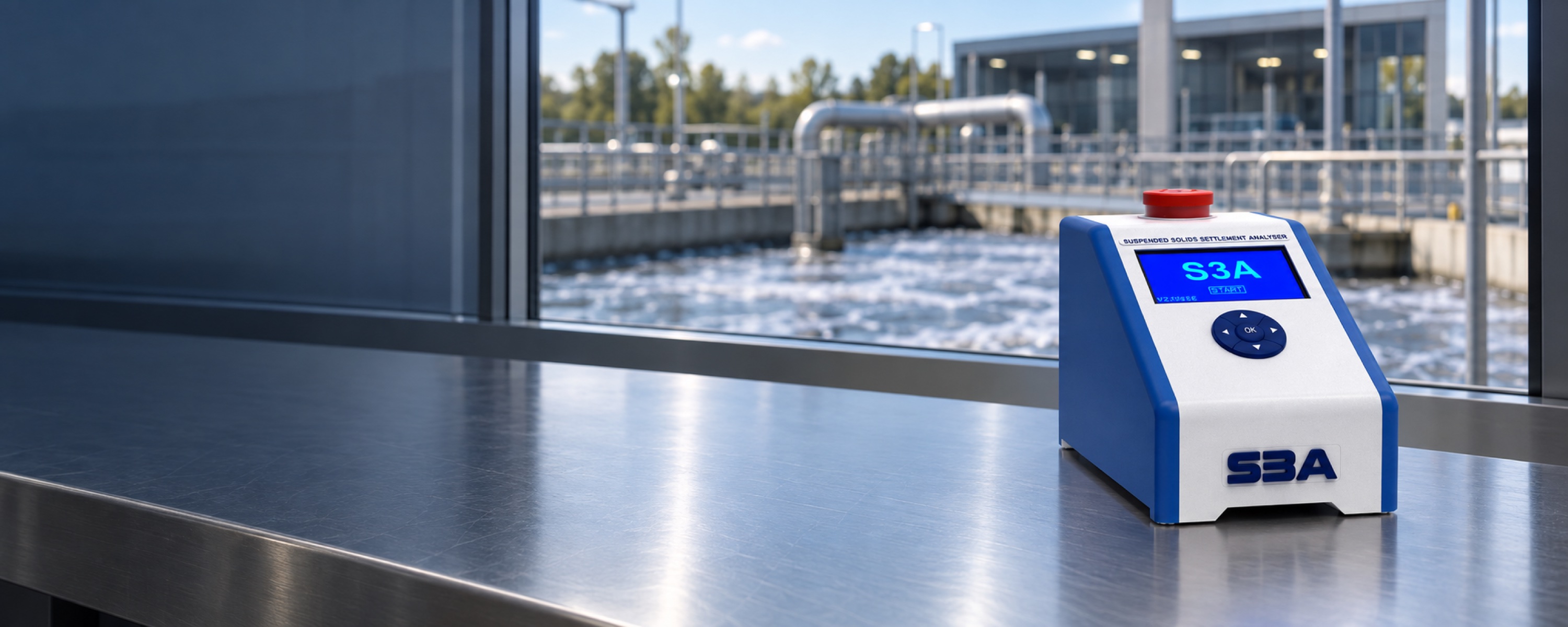 S3A analyser on a laboratory countertop overlooking an industrial effluent treatment plant