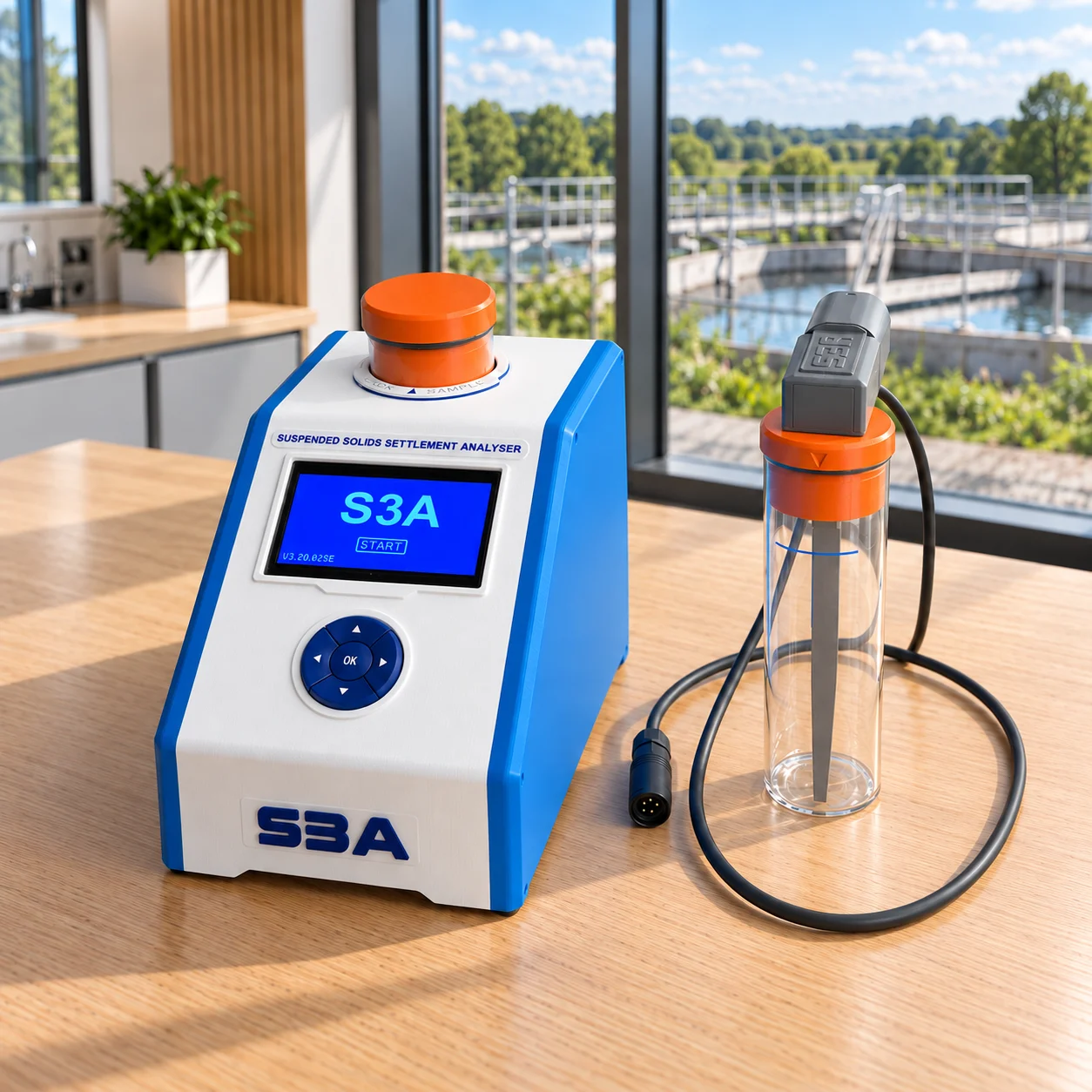 S3A analyser beside the separate wired stirrer module and sample tube