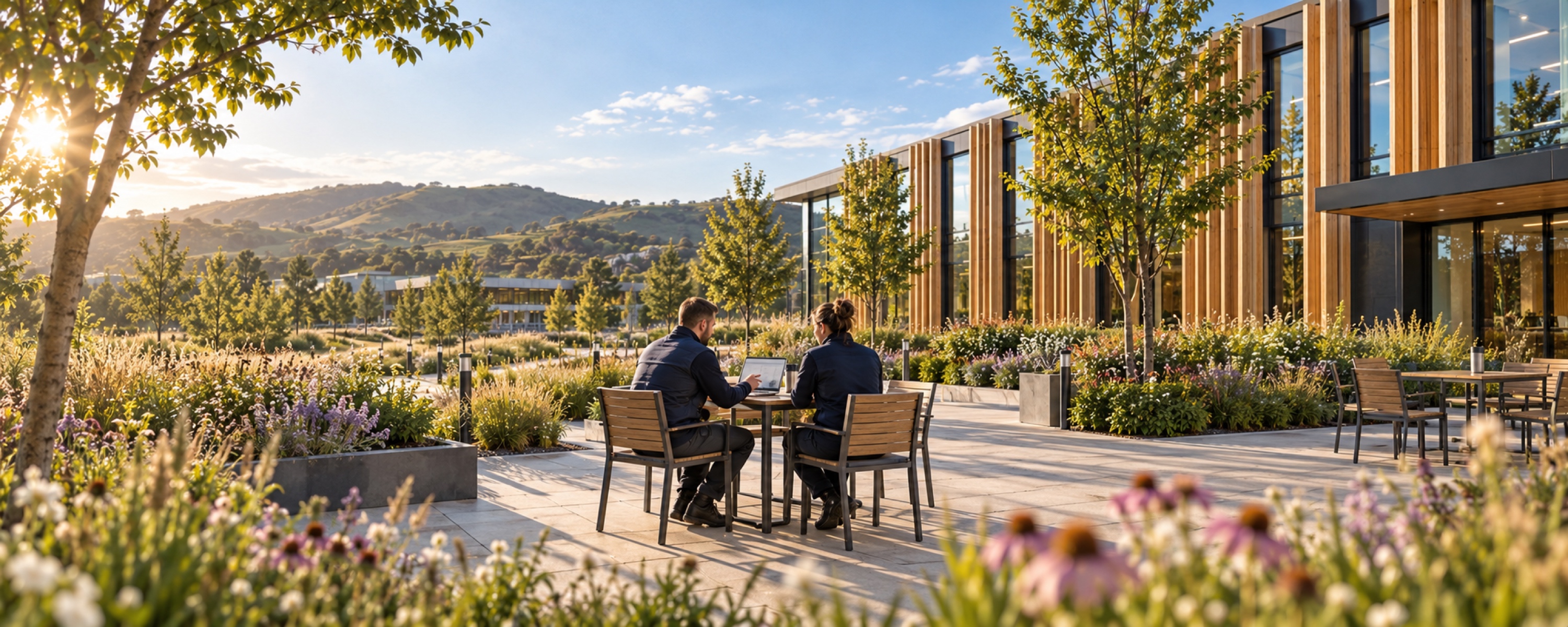 PMA colleagues at a landscaped water-treatment campus
