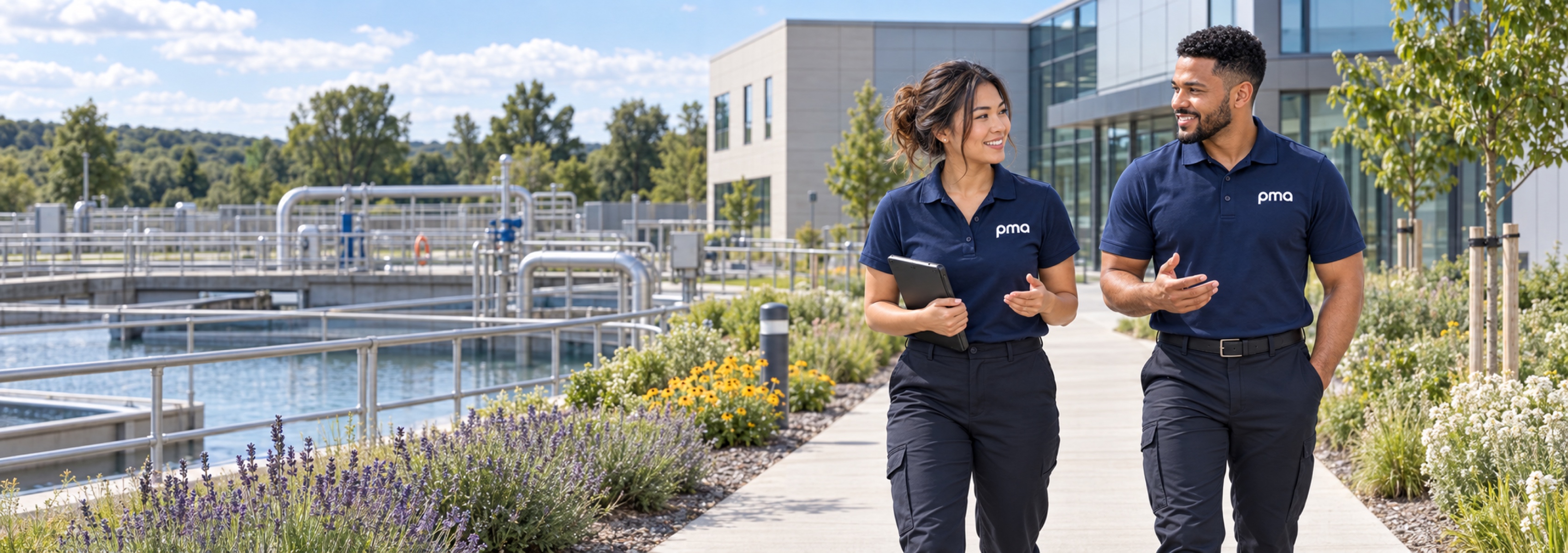 PMA colleagues discussing process information at a water-treatment campus
