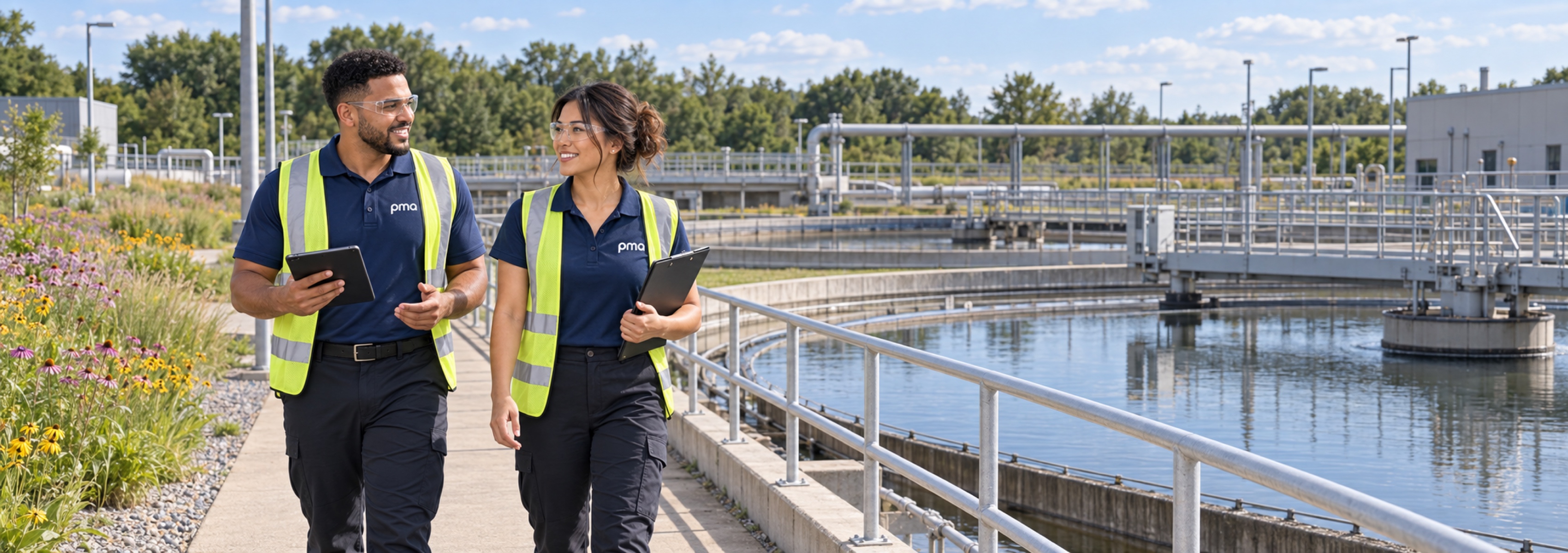 PMA colleagues walking beside wastewater treatment tanks