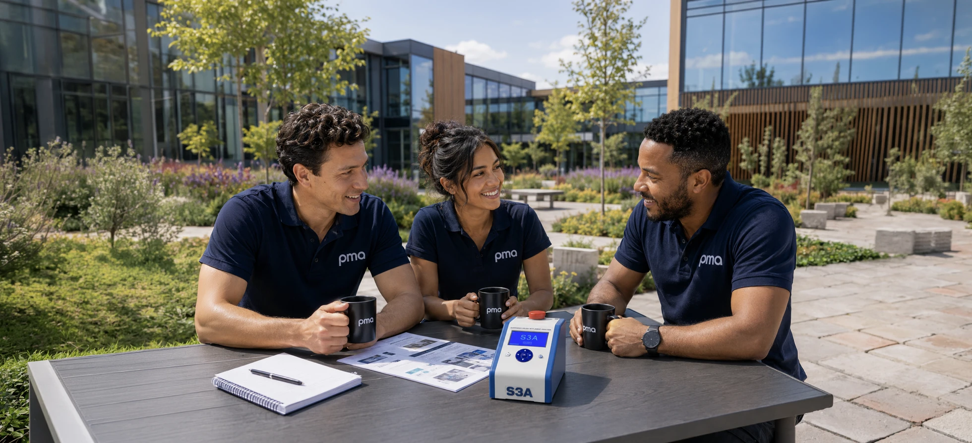 PMA team discussing the S3A analyser at an outdoor table