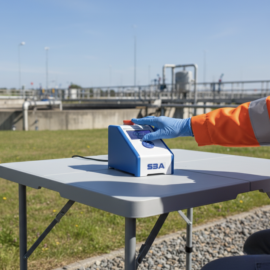 S3A suspended solids settlement analyser set up outdoors at a wastewater treatment site