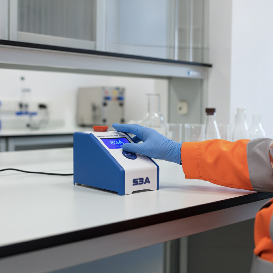 Gloved technician preparing a sample beside the S3A analyser
